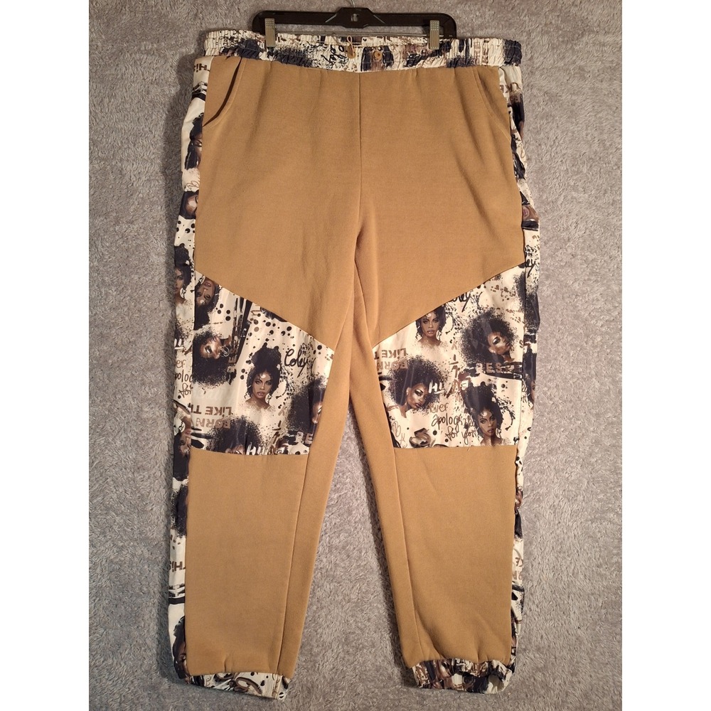 Love Star Graphic Portrait Jogger Pants L Camel Brown Fleece Black Empowerment